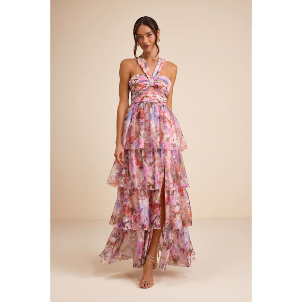 Lulus Dayanara Pink Multi Floral Organza Tiered Maxi Dress - Size S